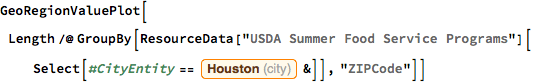 GeoRegionValuePlot[
 Length /@ 
  GroupBy[ResourceData["USDA Summer Food Service Programs"][
    Select[#CityEntity == 
       Entity["City", {"Houston", "Texas", "UnitedStates"}] &]], 
   "ZIPCode"]]