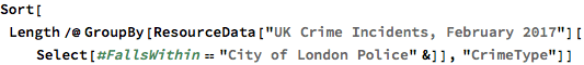 Sort[Length /@ 
  GroupBy[ResourceData["UK Crime Incidents, February 2017"][
    Select[#FallsWithin == "City of London Police" &]], "CrimeType"]]